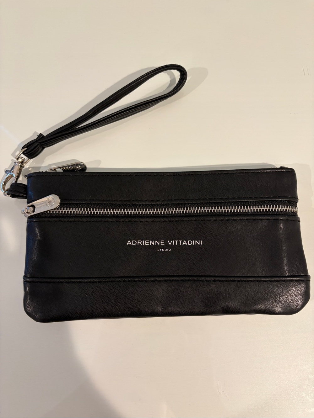 Adrienne Vittadini Black Leather Wristlet with Silver Hardware